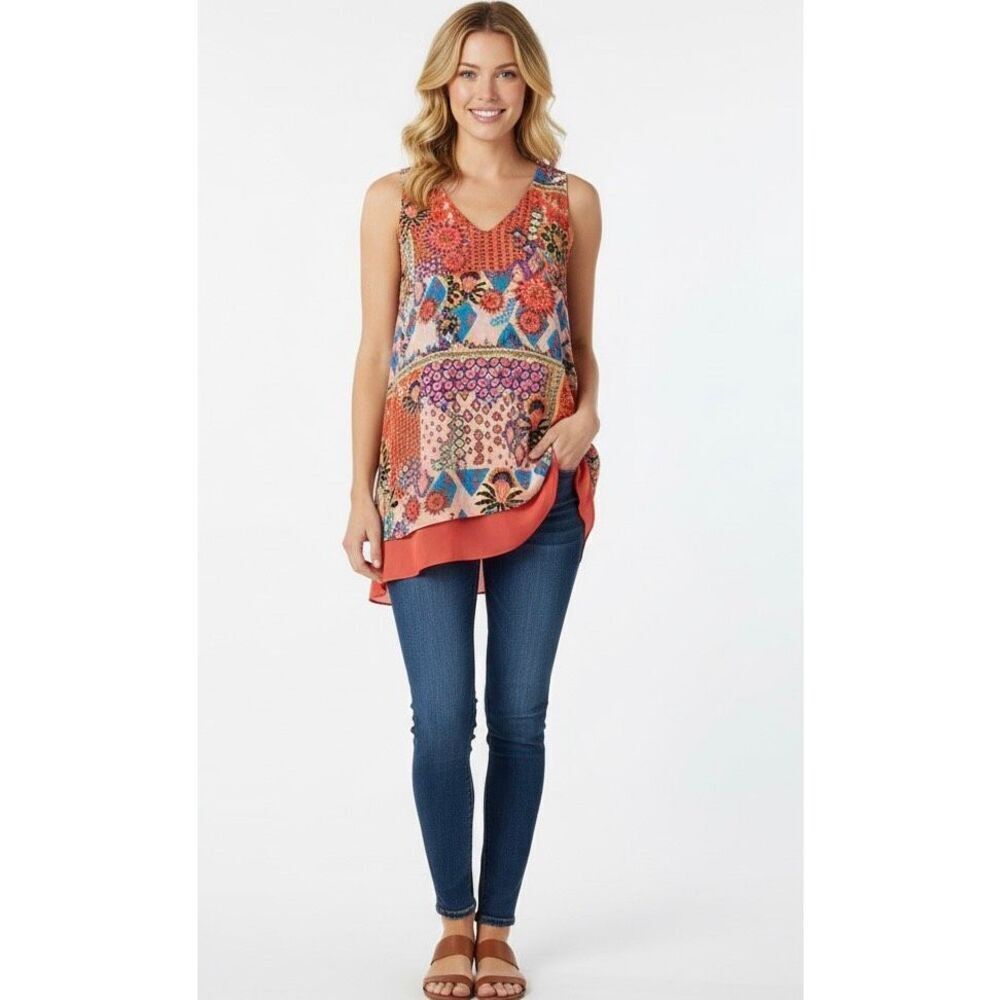 NWT ZAC & RACHEL Blouse Medium Coral‎ Blue Tunic Lined Layered Asymmetrical Hem